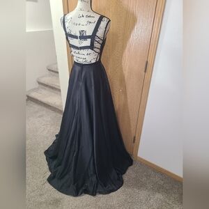 B.Darlin Black Satin Square Neck Strappy Open Back Formal Prom Gala A-line Dress